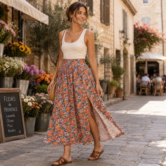 NATURAL LIFE Dresses & Skirts - Natural Life Floral Midi Skirt M Blue Orange Smocked Waist Slit Boho Cottagecore